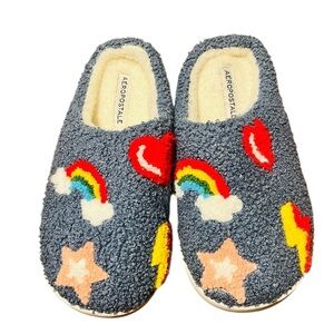 Aeropostale Fuzzy Slippers with Rainbow and Star Design